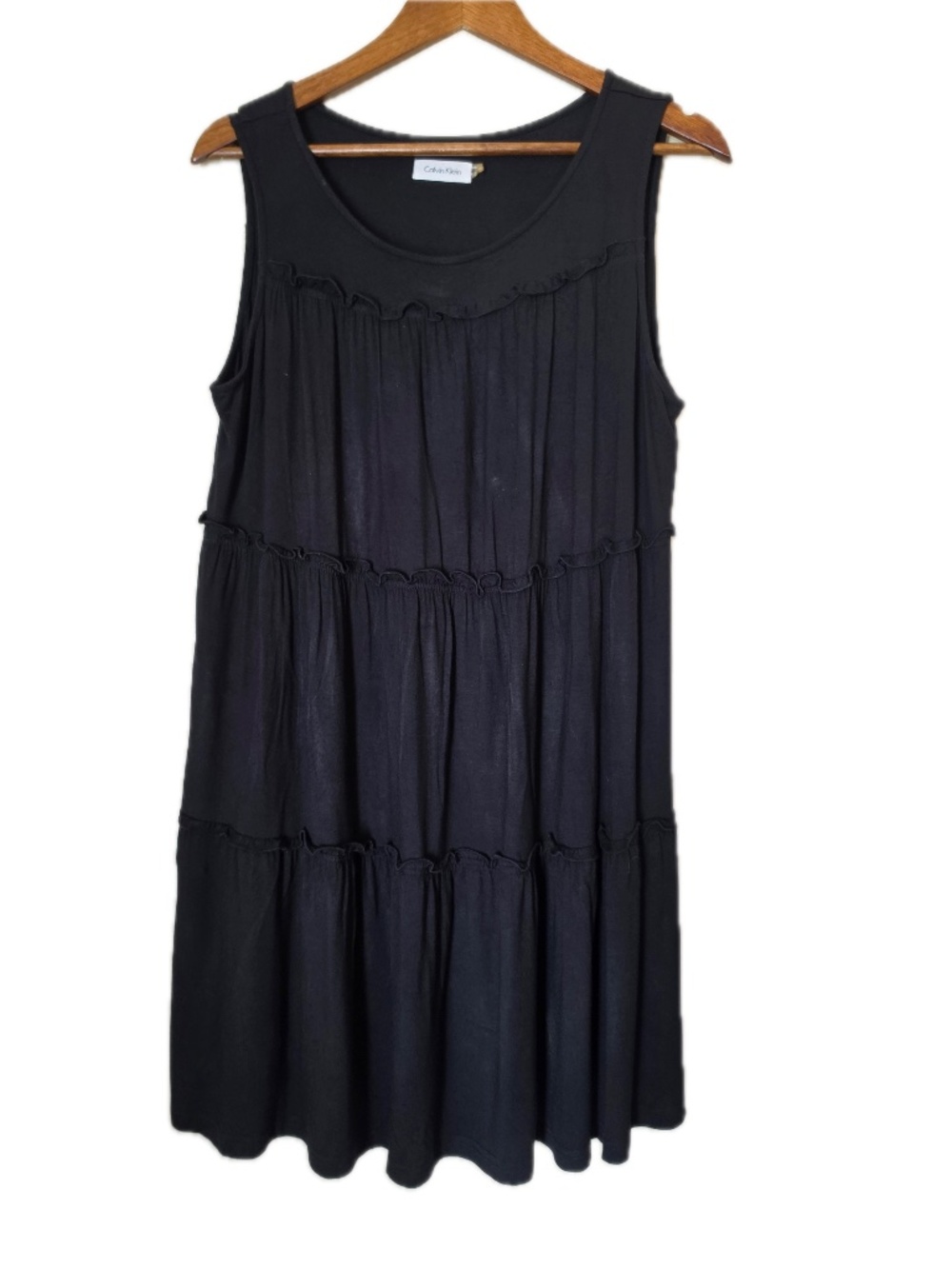 Calvin Klein Dress Womens M Black Maxi Tank Dress Scoop Neck Jersey Ruffle